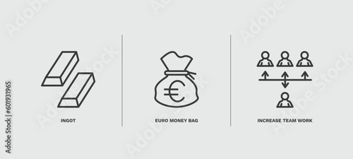 set of business and finance thin line icons. business and finance outline icons included ingot, euro money bag, increase team work vector.