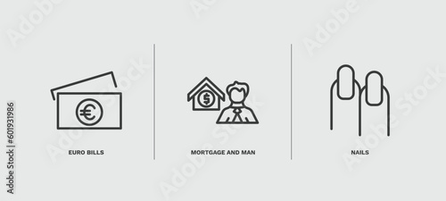 set of business and finance thin line icons. business and finance outline icons included euro bills, mortgage and man, nails vector.