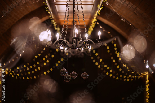Beautiful crystal chandelier. Light decoration. 