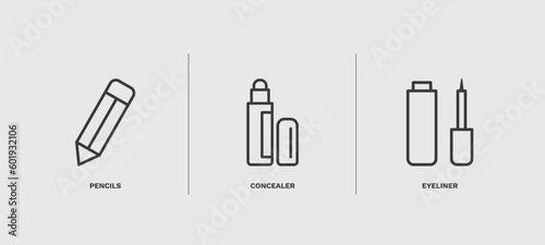 set of beauty and elegance thin line icons. beauty and elegance outline icons included pencils, concealer, eyeliner vector.