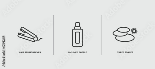 set of beauty and elegance thin line icons. beauty and elegance outline icons included hair straightener, inclined bottle, three stones vector.