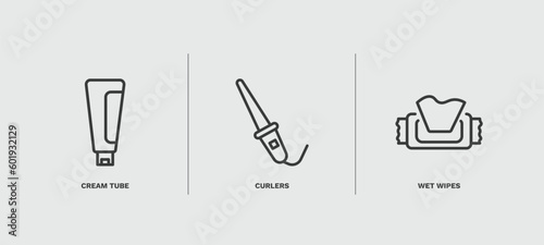 set of beauty and elegance thin line icons. beauty and elegance outline icons included cream tube, curlers, wet wipes vector.