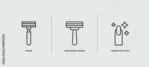 set of beauty and elegance thin line icons. beauty and elegance outline icons included razor, disposable razor, finger with nail vector.