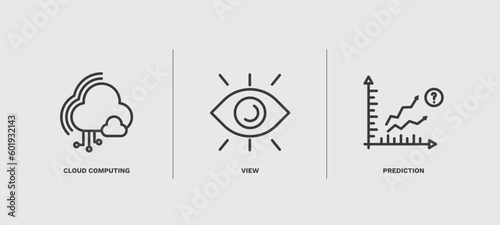 set of artificial intellegence thin line icons. artificial intellegence outline icons included cloud computing, view, prediction vector.