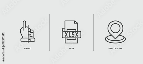 set of artificial intellegence thin line icons. artificial intellegence outline icons included bionic, xlsx, geolocation vector.