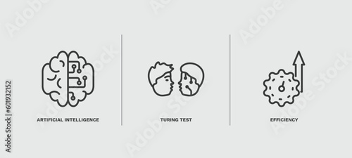 set of artificial intellegence thin line icons. artificial intellegence outline icons included artificial intelligence, turing test, efficiency vector.
