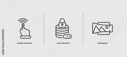 set of artificial intellegence thin line icons. artificial intellegence outline icons included finger control, data security, panorama vector.