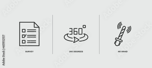 set of artificial intellegence thin line icons. artificial intellegence outline icons included survey, 360 degrees, ar wand vector.