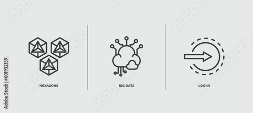 set of artificial intellegence thin line icons. artificial intellegence outline icons included hexagons, big data, log in vector.
