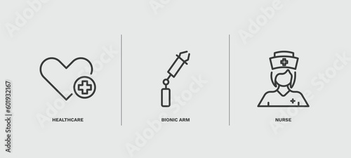 set of ai and future technology thin line icons. ai and future technology outline icons included healthcare, bionic arm, nurse vector.