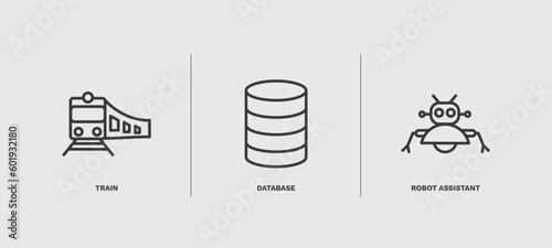 set of ai and future technology thin line icons. ai and future technology outline icons included train, database, robot assistant vector.
