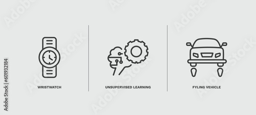 set of ai and future technology thin line icons. ai and future technology outline icons included wristwatch, unsupervised learning, fyling vehicle vector.