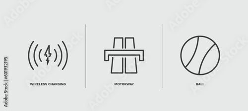 set of ai and future technology thin line icons. ai and future technology outline icons included wireless charging, motorway, ball vector.