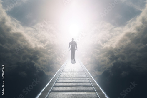 Stairs to heaven and human soul going to heaven visualization. Stairs going up to the cloudy sky. Bright light visible in clouds representing heaven. Generative AI © Rytis
