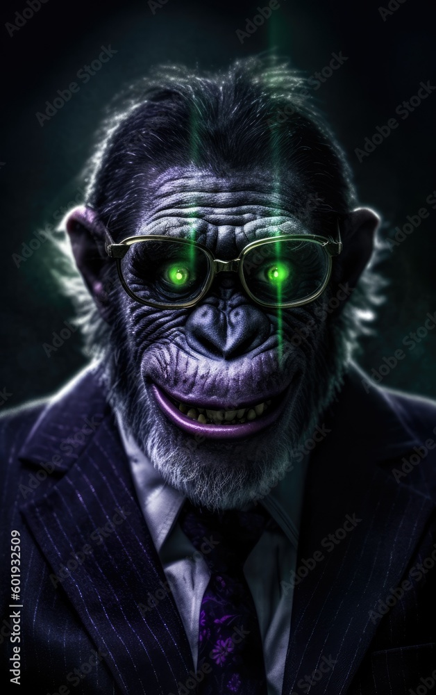the ape with glowing green eyes is on a black background with a tie from the movie Generative AI the ape with glowing green eyes is on a black background with a tie from the movie Generative AI