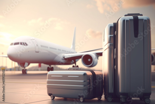 Travel, leisure and vacation concept. Airplane and luggage in airport. Sunlight. Generative AI