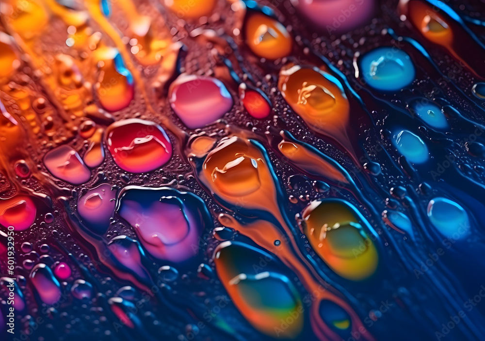 Close up Water Drops on Colorful Glass Surface and the Movement of Oil Droplets Close up Water Drops on Colorful Glass Surface and the Movement of Oil Droplets