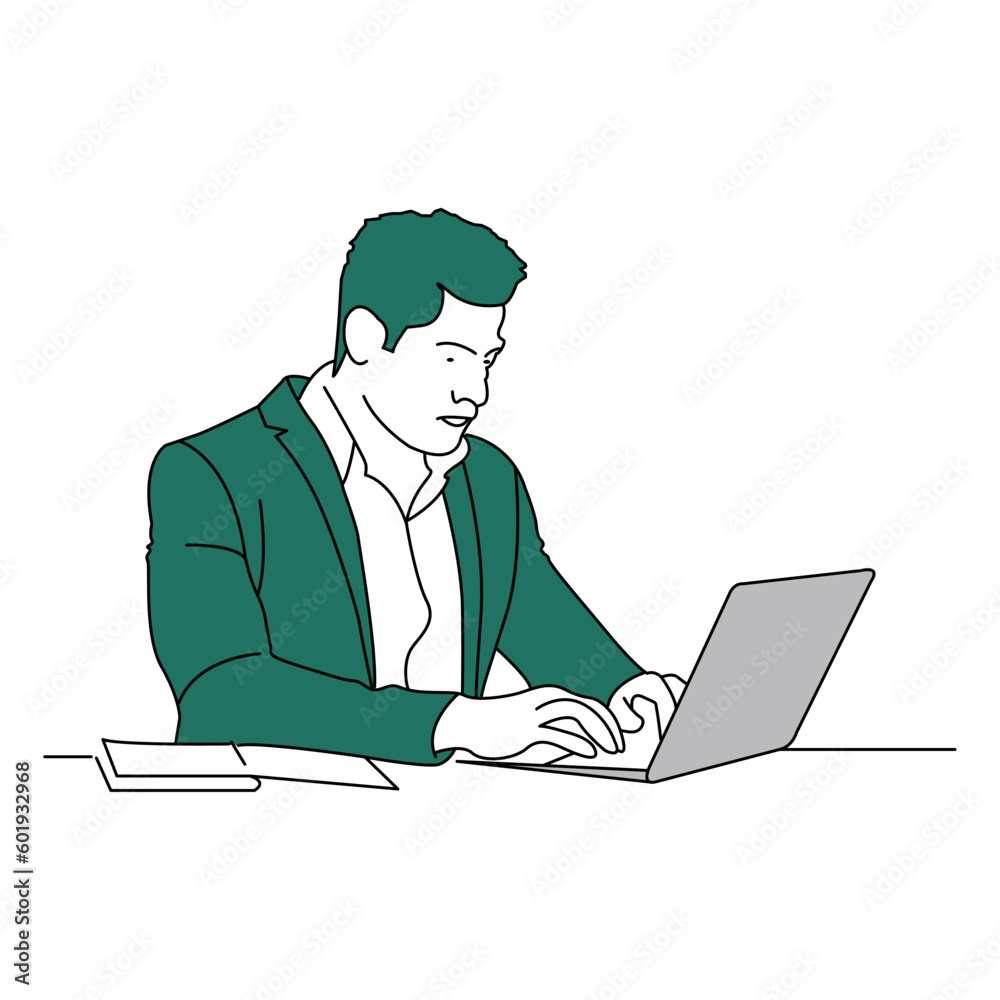A businessman is working on a laptop. Vector line art illustration. A businessman is working on a laptop. Vector line art illustration.
