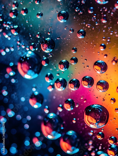 Close up Water Drops on Colorful Glass Surface and the Movement of Oil Droplets