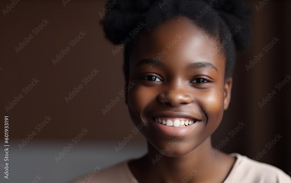 Black dark-skinned african american teenage girl smiling portrait at home. Generative AI Black dark-skinned african american teenage girl smiling portrait at home. Generative AI