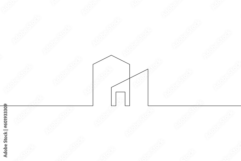 One continuous line. Minimalist home design. Geometric building logo. Modern city house. One continuous line drawn isolated, white background. - obrazy, fototapety, plakaty 