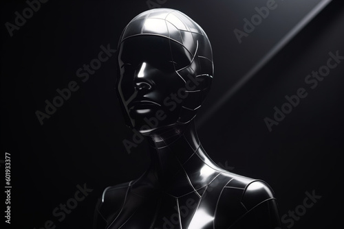 Abstract and futuristic woman black mannequin portrait in black background. Generative AI