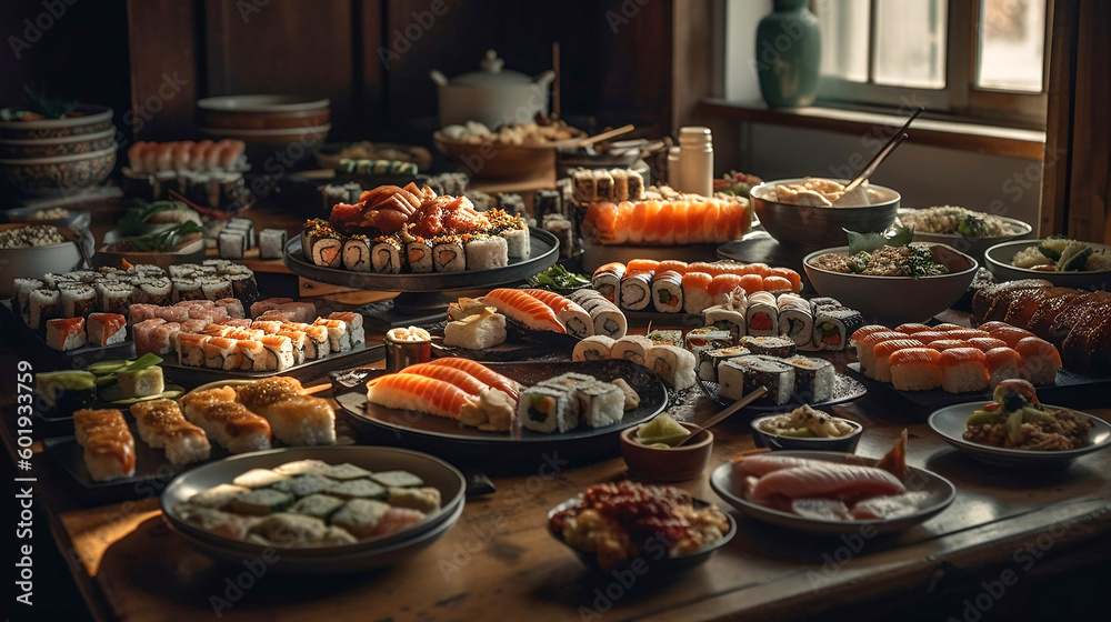 A photograph of variety of Japanese sushi food. AI generative
