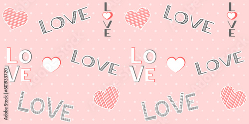 Red striped hearts and dark grey inscriptions love on a pink polka dot background. Valentine's day and wedding endless texture with words. Love concept. Vector seamless pattern for giftwrap and cover