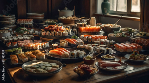 A photograph of variety of Japanese sushi food. AI generative