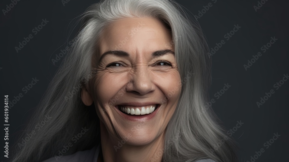 Portrait of a beautiful senior woman smiling at the camera on a gray background.Generative Ai Portrait of a beautiful senior woman smiling at the camera on a gray background.Generative Ai