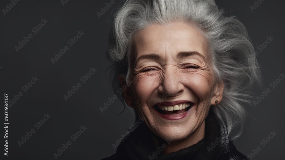 Portrait of a beautiful senior woman smiling at the camera on a gray background.Generative Ai Portrait of a beautiful senior woman smiling at the camera on a gray background.Generative Ai