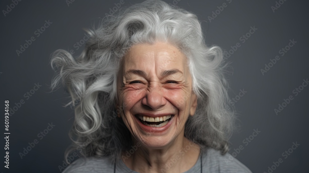 Portrait of a beautiful senior woman smiling at the camera on a gray background.Generative Ai Portrait of a beautiful senior woman smiling at the camera on a gray background.Generative Ai