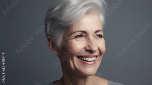 Portrait of a beautiful senior woman smiling at the camera on a gray background.Generative Ai