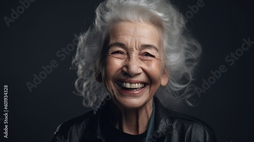 Portrait of a beautiful senior woman smiling at the camera on a gray background.Generative Ai