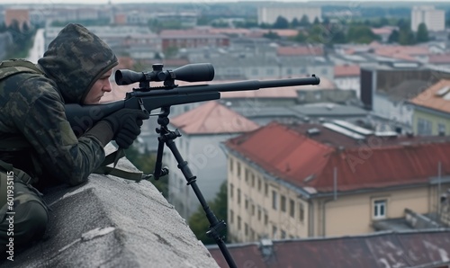 The lone sniper surveyed the area from the rooftop with his scope Creating using generative AI tools