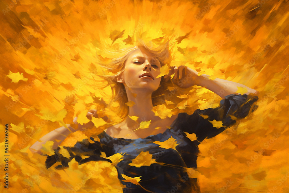 Illustration of a golden young woman in a surreal, fantasy. Radiance, light, golden glow. Portrait full of life and energy. 