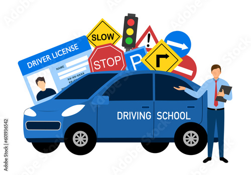 Driving school concept vector illustration. Training car, driving instructor and traffic symbol in flat design on white background.