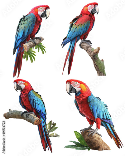 Tablou canvas Realistic illustration of colorful parrots sitting on a branch on a transparent