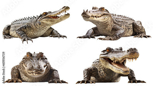 Realistic illustration of four dangerous crocodiles on a transparent background, Generative AI