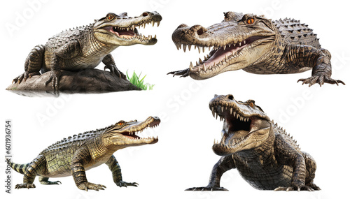 Realistic illustration of four dangerous crocodiles with open mouths on a transparent background, Generative AI