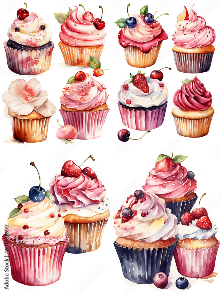 set of 10 of watercolor clip art high detailed cupcakes pink and vanilla, with strawberry and blueberry on white background, generative ai
