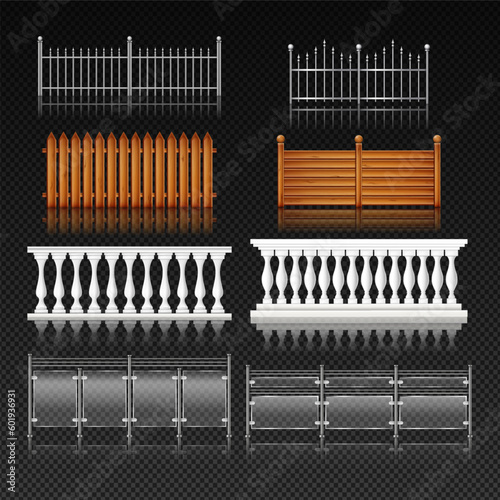 Balcony rail. Glass or wooden stairs handrails. Iron fence with banister and baluster. Door metal or stainless safety balustrade. Architecture elements. Vector realistic enclosures set