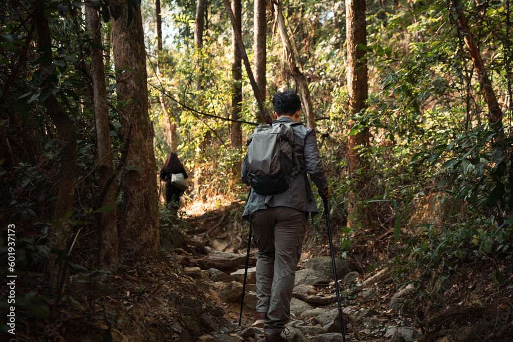 Asian man is hiking in the mountain forest. Asian man is hiking in the mountain forest.