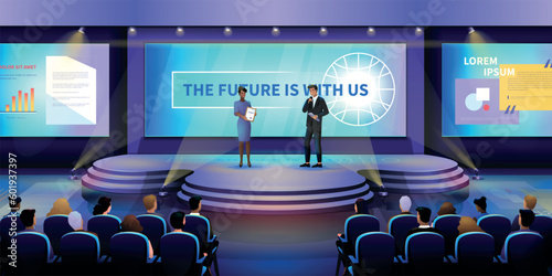 Conference stage. Event forum. Public speakers and audience. People on chairs. Business auditorium or hall. Presentation on screen. Diploma award ceremony. Vector design illustration