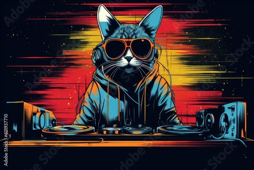 the cat is a dj with sunglasses, in the style of dark sky-blue and amber, graphical punch, masterful technique, ratcore, supple mass, ferrania p30, wimmelbilder Generative AI photo