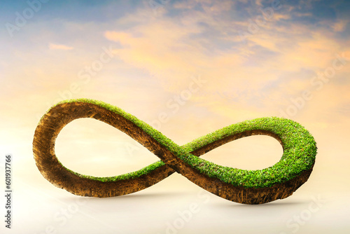 3d illustration of infinity environment concept. infinite earth land with green grass isolated. Eco and circular economy concept. Earth land with green grass isolated on sunset orange sky background.