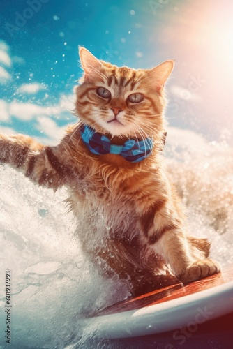 Cat riding a surfboard in the ocean with the sun shining in the background Generative AI