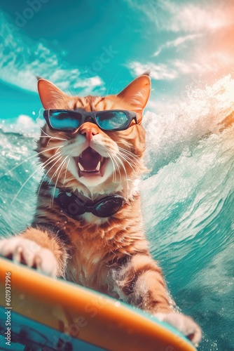 Cat riding a surfboard in the ocean with the sun shining in the background Generative AI