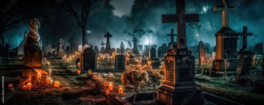 A cemetery at night with tombstones and glowing candles. The sky is dark and cloudy and there are no people Generative AI