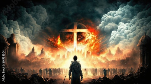 Photo A man stands in front of a large cross, surrounded by flames and smoke Generativ
